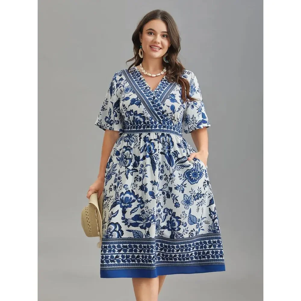 Bloomchic Blue Floral BOHO Midi Dress Pockets Short Sleeve Plus Size 2X 18-20_5